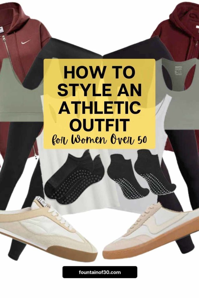 Chic athleisure outfit ideas for women over 50! See how to style one high end and low price on Fountainof30.