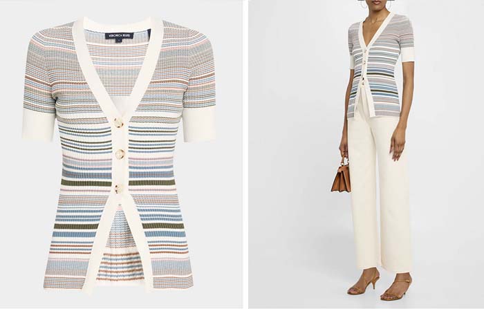 Veronica Beard Fawne Stripe Short-Sleeve Cardigan
