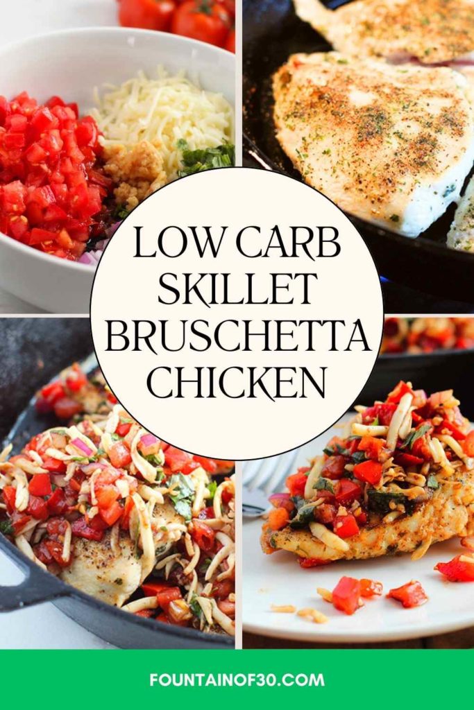 Healthy one-pan dinner ready in 30 minutes—juicy chicken topped with fresh bruschetta bliss! #LowCarbRecipes #EasyDinner #WeeknightMeals #SkilletMeal
