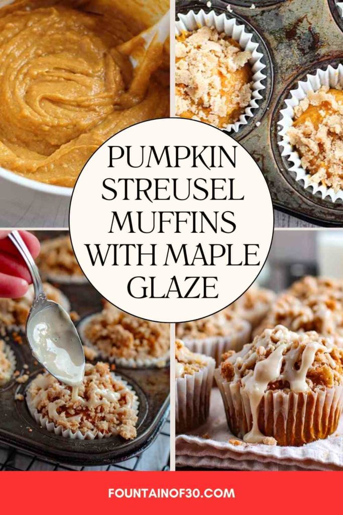 Celebrate fall baking season with these moist and spiced pumpkin streusel muffins drizzled with maple glaze. Perfectly cozy, perfectly delicious! #PumpkinMuffins #FallBaking #PumpkinSpice