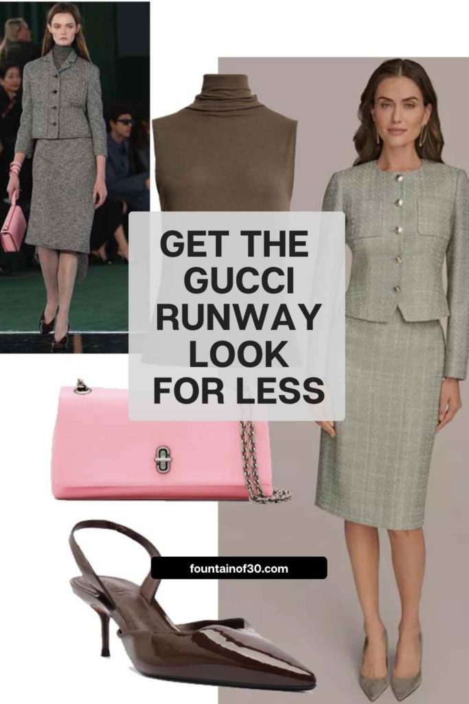The midi skirt suit is the must-have trend for Fall 2025! See how to style the Gucci, runway looks for less. #FallFashion #MidiSkirtSuit #WomenOver50Style #ChicAndTimeless