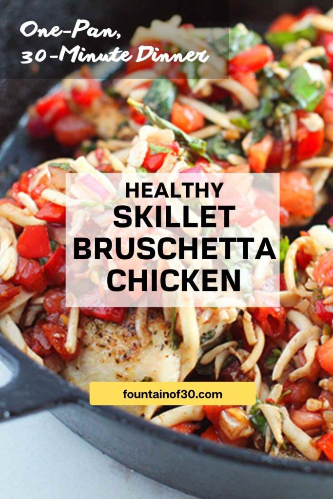 Juicy chicken, fresh tomatoes, garlic & basil—all in one skillet! This low-carb Bruschetta Chicken is ready in 30 minutes & bursting with flavor. #LowCarbRecipes #EasyDinner #WeeknightMeals
