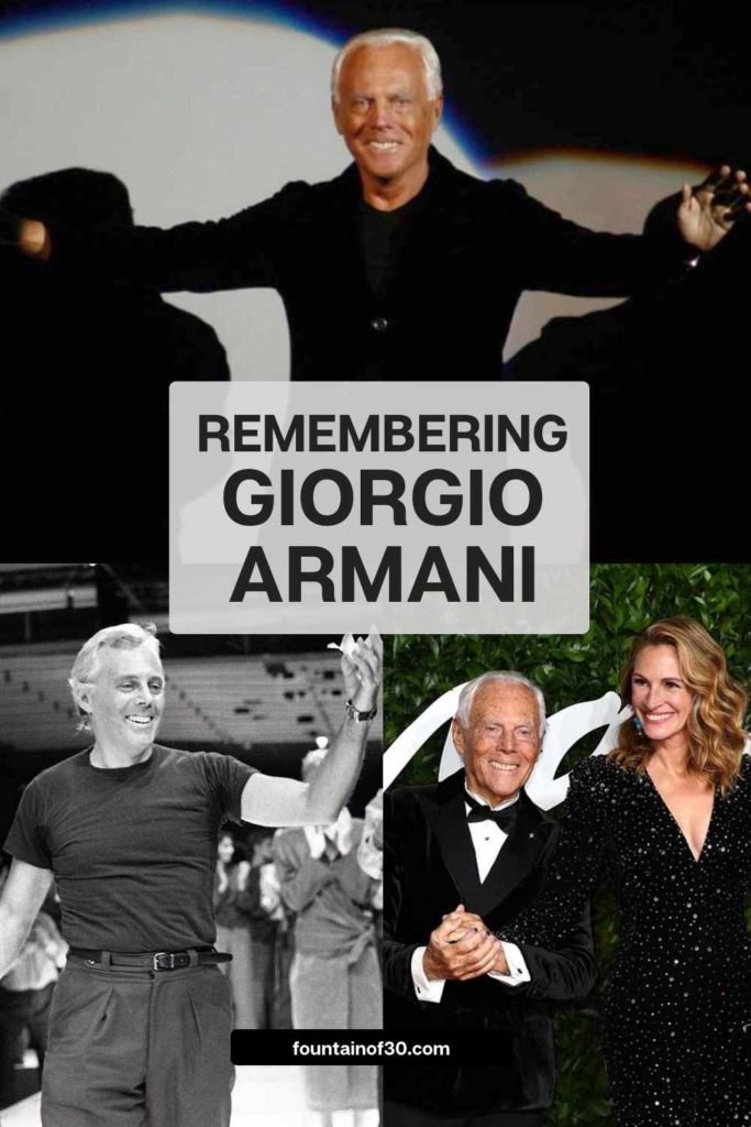 Remembering Giorgio Armani, the designer who defined timeless elegance and chic style for men and women alike. #GiorgioArmani #FashionLegend #TimelessStyle #Over50Style #FashionHistory