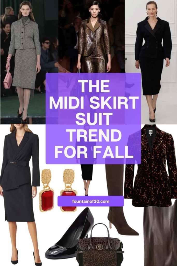 The midi skirt suit is the must-have trend for Fall 2025! See how to style the Gucci, Fendi, and Givenchy runway looks and shop chic alternatives for less. #FallFashion #MidiSkirtSuit #WomenOver50Style #ChicAndTimeless