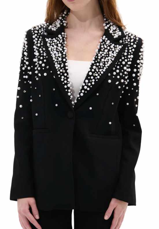 AZALEA WANG Pearlized black Embellished Blazer fountainof30