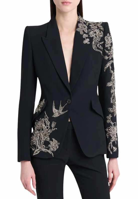 McQueen Crystal Embroidered Single-Breasted Blazer Jacket
