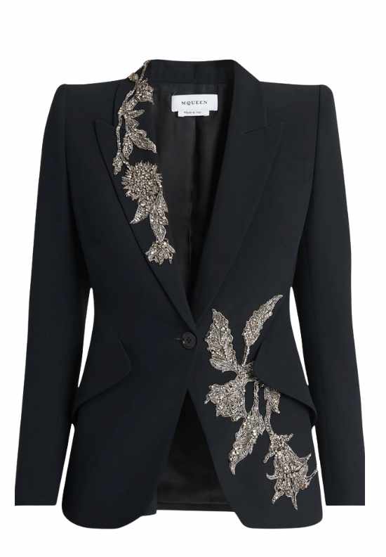 McQueen Floral Crystal One-Button Crepe Blazer