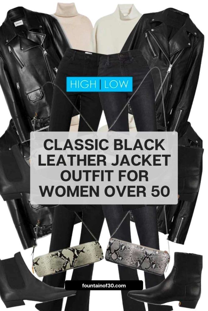 A refined twist on a classic! Style your leather jacket and jeans high-low for a chic, wearable fall look. #Over50Style #FallOutfitIdeas #ChicStyle #LeatherJacket