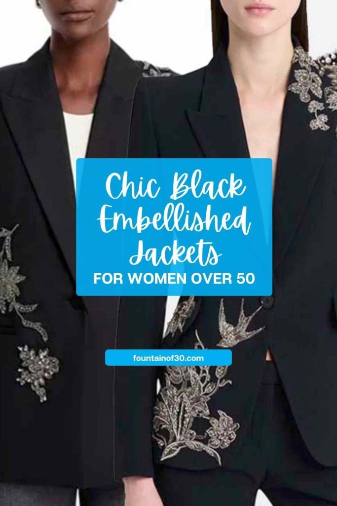 Add instant sparkle to your look with a black embellished blazer. From Alexander McQueen to AZALEA WANG, shop this season’s most stunning versions. #fashionover50 #holidaystyle #blackblazer