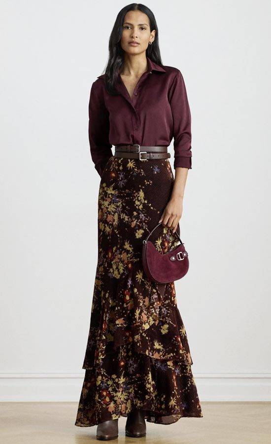 dark floral maxi skirt with top, belt and boots