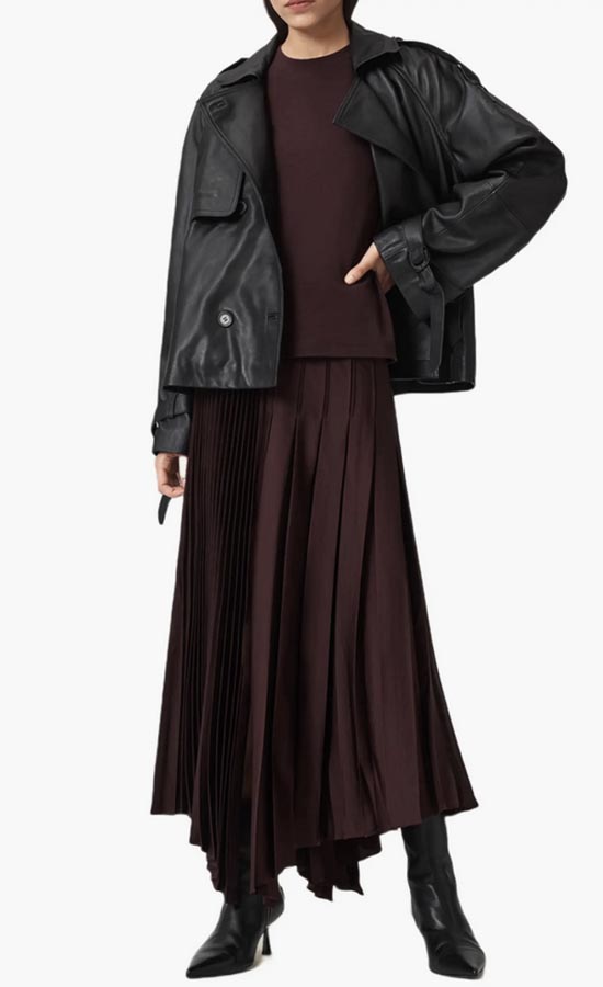 AllSaints pleated maxi skirt with leather jacket fountainof30