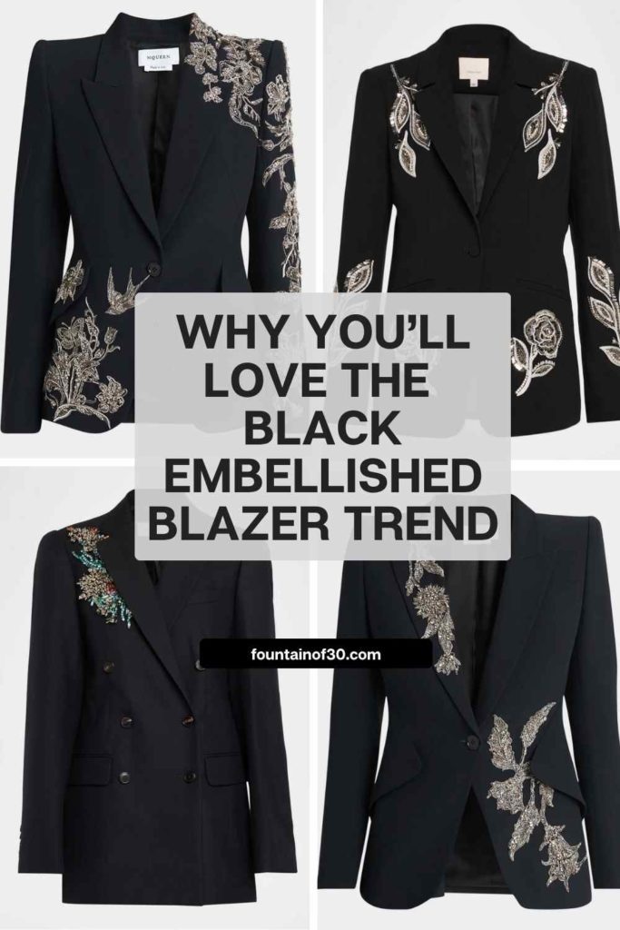 This timeless-meets-glam trend is perfect for women over 50. See how to style a black embellished jacket and shop your favorites. #midlifestyle #fashiontrends2025 #holidayfashion