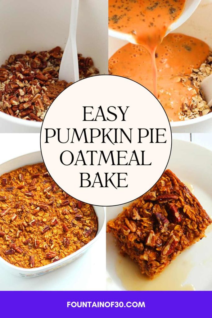 Baked oatmeal never looked so good – pumpkin puree, maple syrup, pecans & all the fall flavor in one easy-prep breakfast dish. Save it for your next cozy morning! #oatmeallove #growingyounger #fallfood #healthybreakfast 