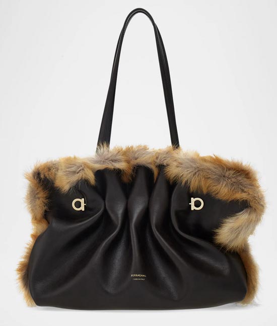Ferragamo Pinch Soft Shearling-Trim Leather Shoulder Bag