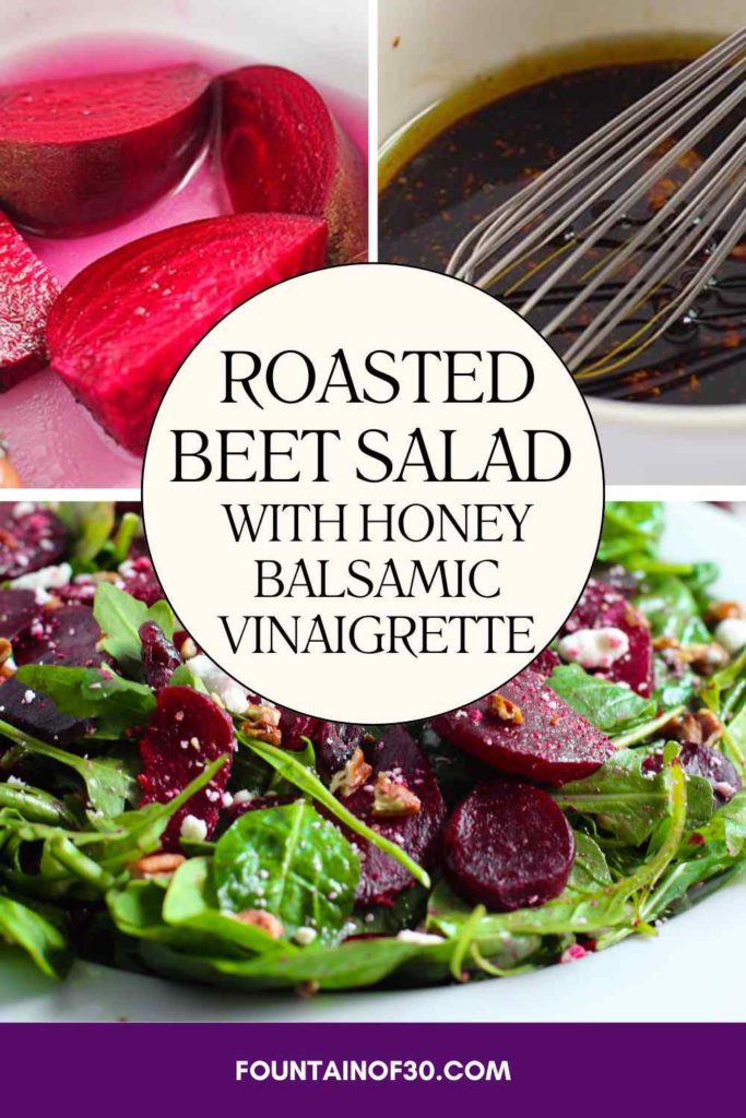 Elevate your holiday table with this vibrant roasted beet salad topped with feta, dried cranberries & toasted pecans, dressed in a honey-balsamic vinaigrette. A colorful, healthful twist for festive meals. #Holiday #Salad #BeetSalad #HealthySides