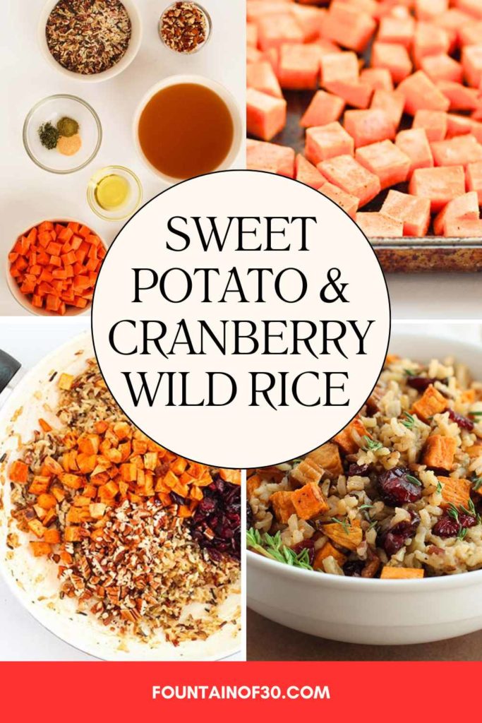 This vibrant side dish blends roasted sweet potatoes, dried cranberries, wild rice and pecans for a flavorful and healthy holiday recipe. #holidayrecipe #sidedish #wildrice #sweetpotato #cranberries