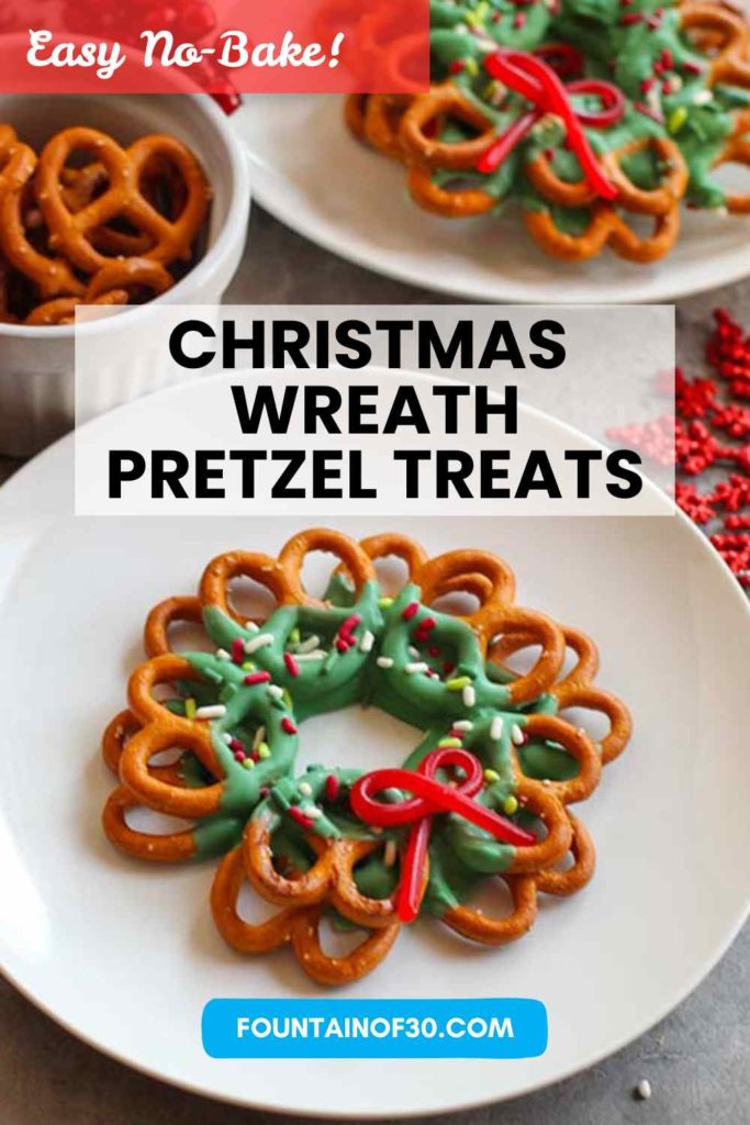 Make these adorable Christmas Wreath Pretzel Treats with pretzels, melting chocolate, sprinkles, and licorice. A simple no-bake holiday recipe! #ChristmasTreats #HolidayRecipes #NoBakeDesserts
