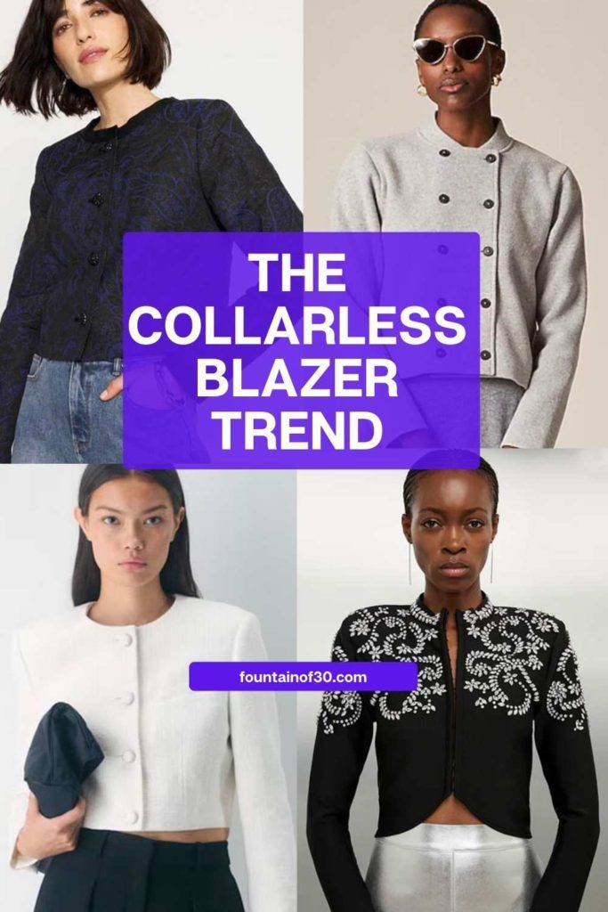 Discover the chic collarless blazer trend—from tweed to cropped and ultra-tailored styles. Perfect for women 40+, 50+, and beyond. #FashionOver50 #BlazerStyle #FallFashion2025 #WinterStyle