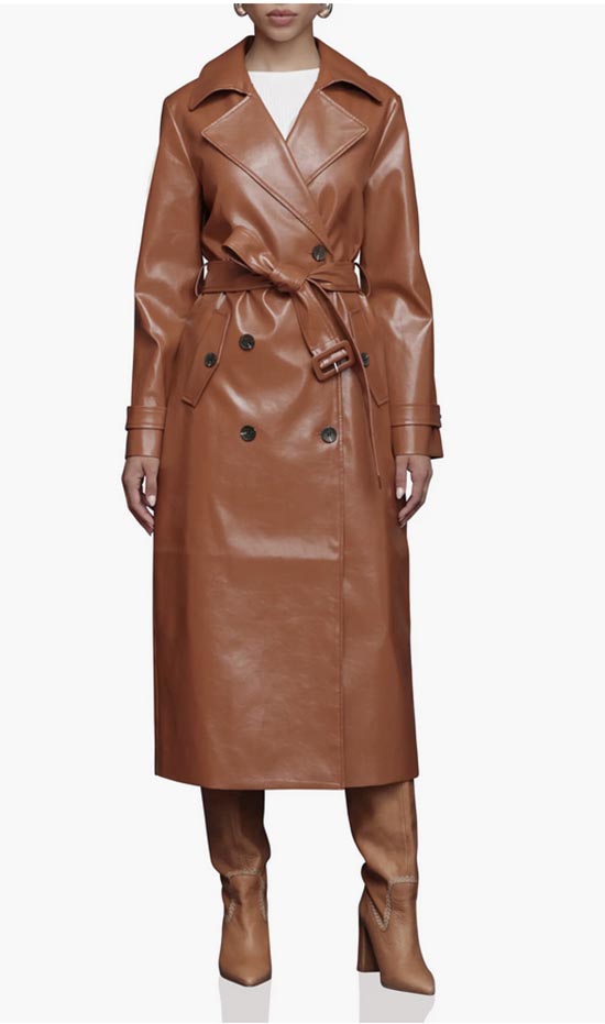 caramel colored Double Breasted Faux Leather Trench Coat