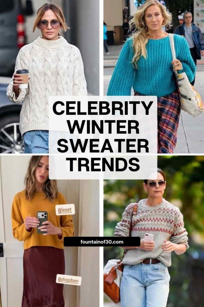 Celebrities like Katie Holmes, Jennifer Lopez, and Sarah Jessica Parker prove that great winter sweaters are all about fit, fabric, and effortless styling. #SweaterWeather #Over50Fashion #WinterStyleInspo #CelebrityFashion #ClassicStyle