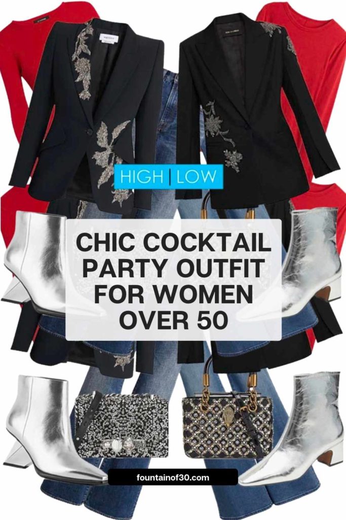 Create a chic high–low party look with an embellished blazer, flare jeans, silver booties, and a pop of red. Perfect for women over 50! #HolidayOutfit #HighLowStyle #PartyOutfiit #WomenOver50Style