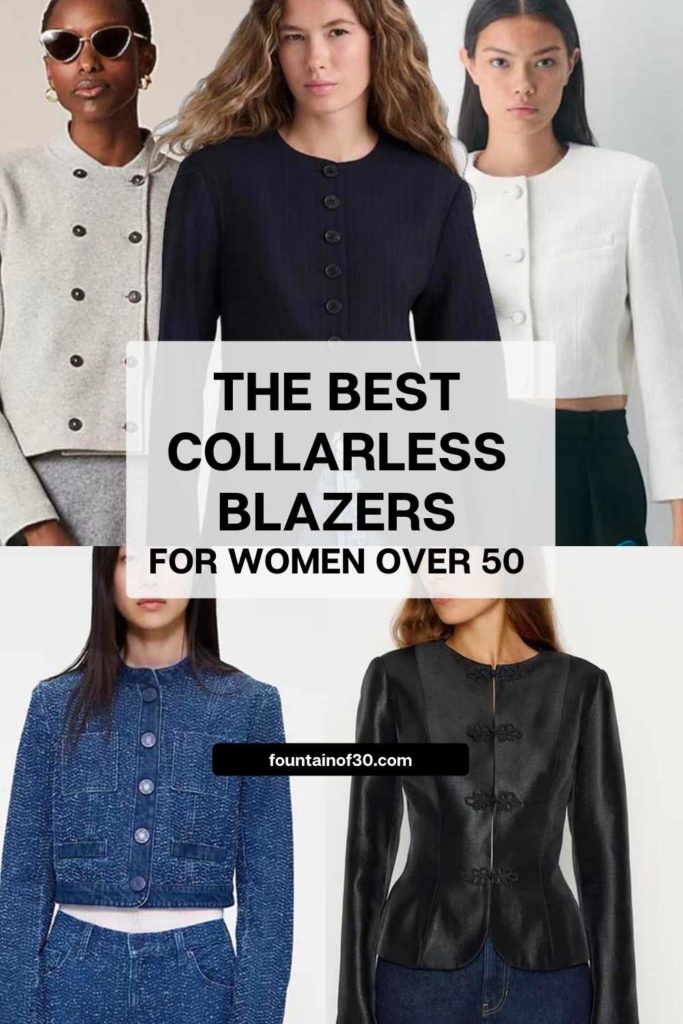 Modern, polished, and so wearable—explore the top collarless blazers for fall and winter. #MidlifeStyle #TimelessFashion #Over50Fashion #ClassicStyle