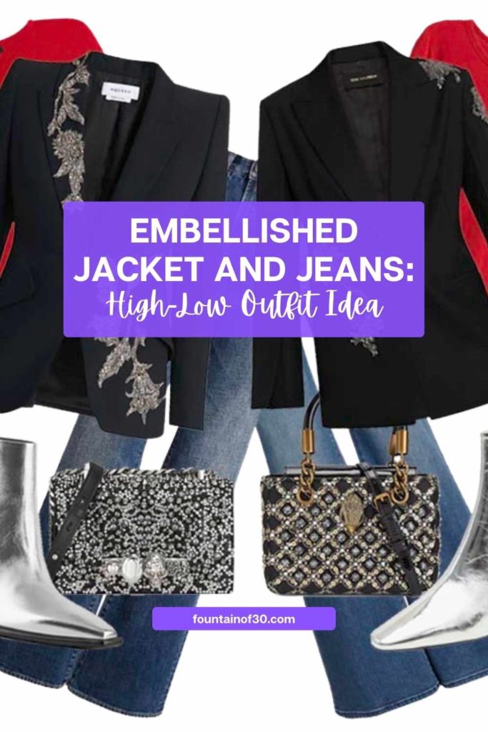 Looking for a festive outfit idea? This embellished blazer–plus–denim look is flattering, modern, and easy to style high–low. #HolidayFashion #BlazerStyle #Over50Style