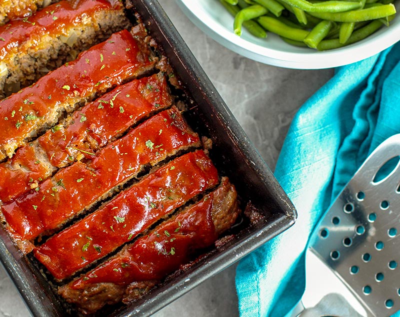 classic meatloaf sliced in pan