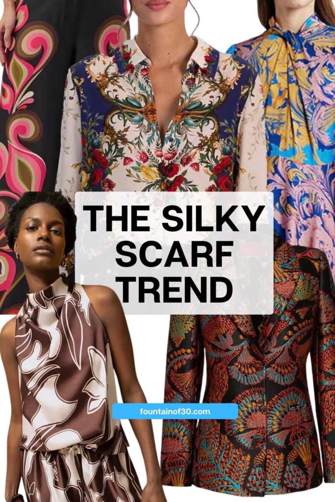 Silky scarf prints are back for Spring! From elegant tops to flowing dresses, see how women over 50 can embrace this timeless trend. #SpringFashion  #WomenOver50Style #ScarfPrint #MidlifeFashion 