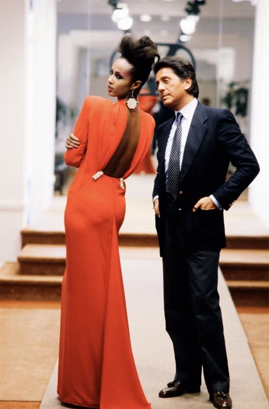 Valentino and Iman at the Valentino Fall 1984 couture collection, GETTY