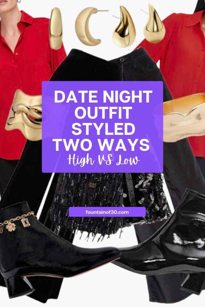 A chic date night outfit for women over 50 styled two ways — with luxury designer pieces and affordable alternatives. Perfect for day-to-night dressing. #DateNight #WomenOver50Style #HighLowFashion #MidlifeStyle #ChicOver50
