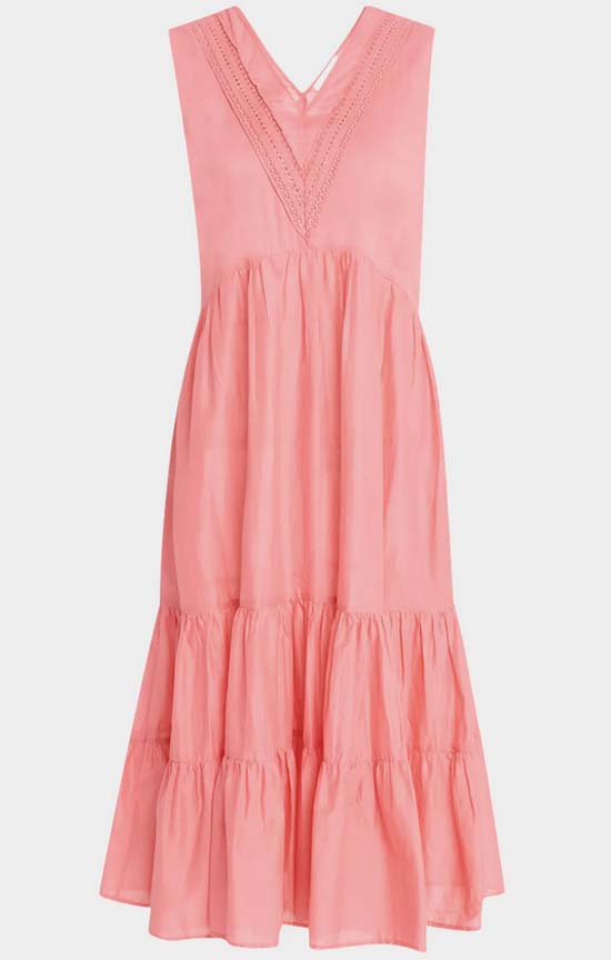 Merlette Marisa Tiered Lace-Trim Cotton Midi Dress in Sunset Rose