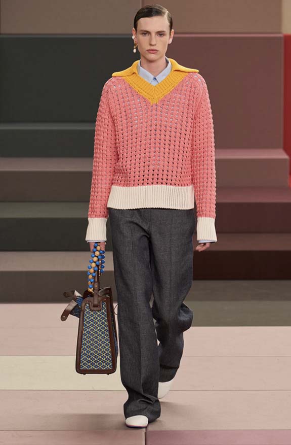 Fendi Spring 2026 runway featuring white soft flat sneakers styled with long trousers and a preppy look
