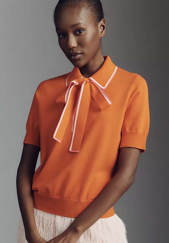 orange Short-Sleeve Sweater with bow