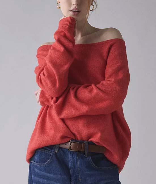 red Off-The-Shoulder Sweater bold color mixing fountainof30