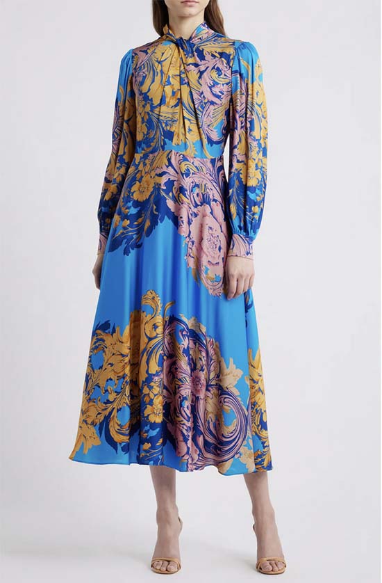 Elie Tahari Raquel Placed Floral Long-Sleeve Silk Blend Dress