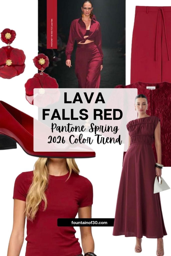 Think red is just for fall? Lava Falls proves otherwise. Discover how to wear Pantone’s rich red shade for Spring 2026. #ColorTrends #SpringStyle #FashionOver50 #fashiontrends