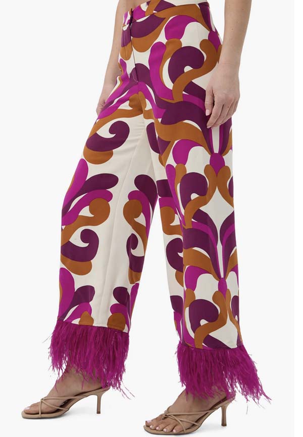 Trina Turk Printed Feather-Trim Pant