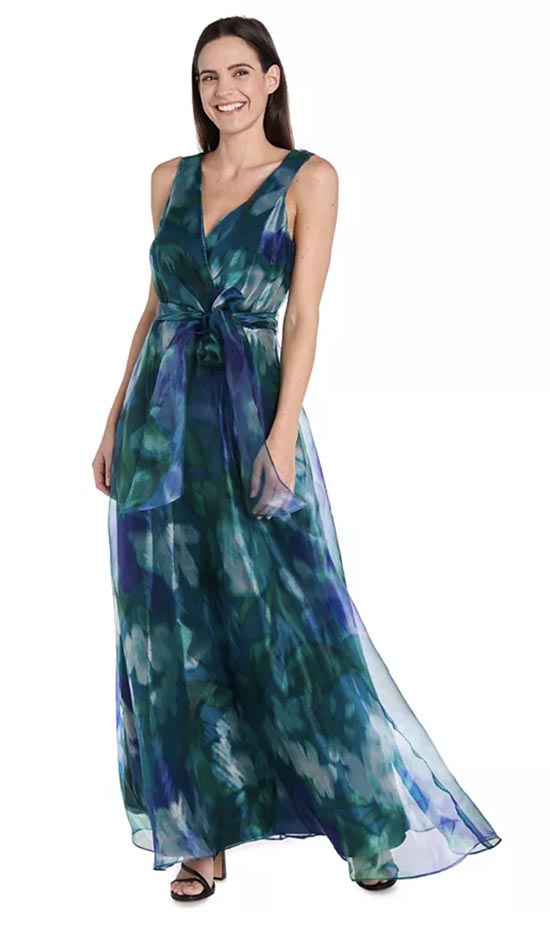 teal watercolor print Sleeveless Bow-Tie A-Line Dress