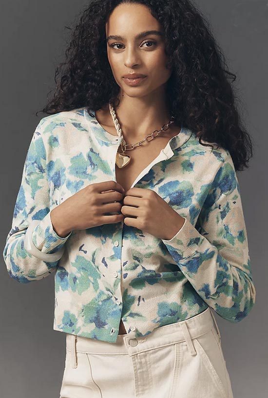By Anthropologie Long-Sleeve Floral Crew Cardigan Sweater blue