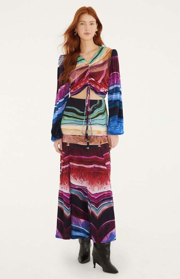 Multicolor Precious Gems Long Sleeve Draped Top and skirt set fountainof30