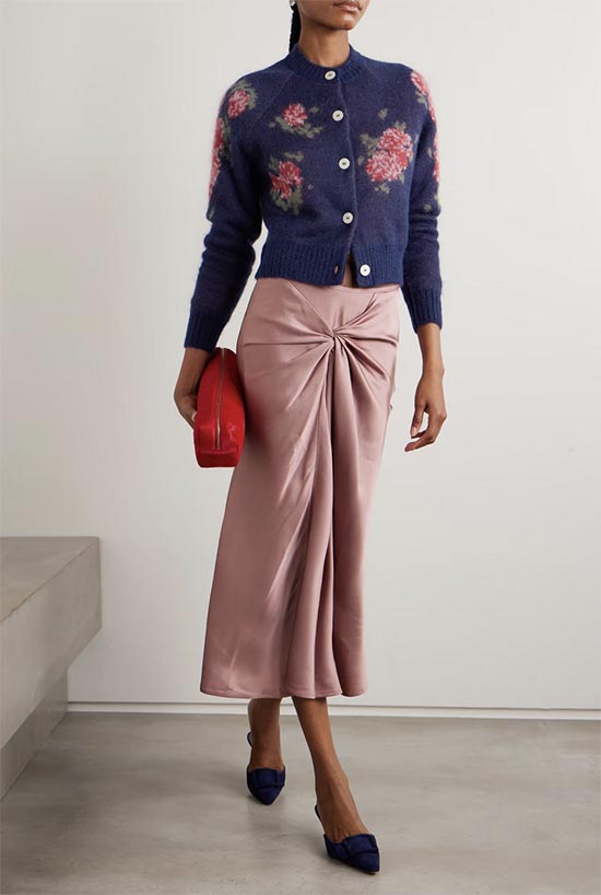 Floral-Jacquard Cardigan with silk midi skirt styling fountainof30