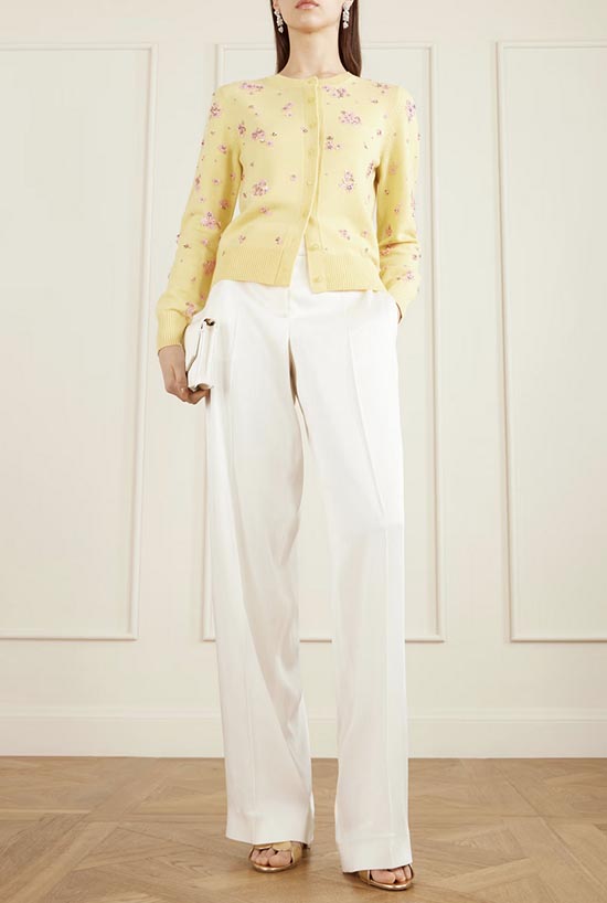 OSCAR DE LA RENTA floral cardigan with white pants outfit fountainof30