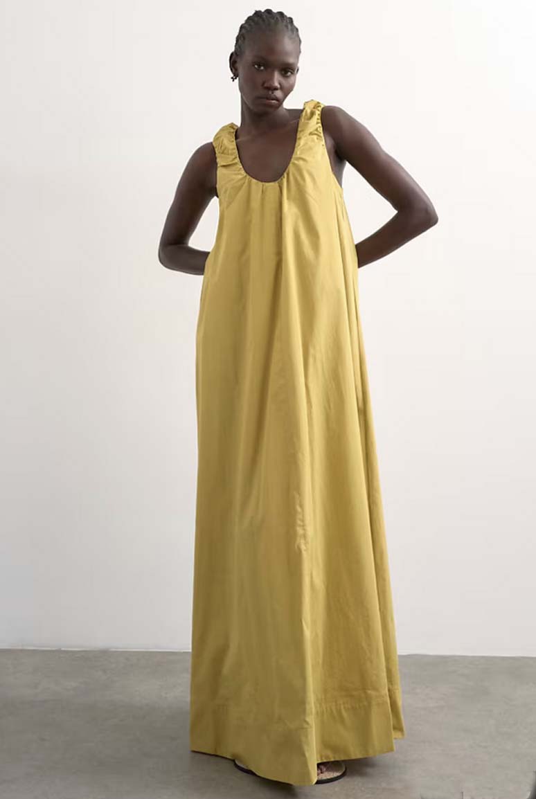 Poplin Ruched Neck Maxi Sundress in Ochre