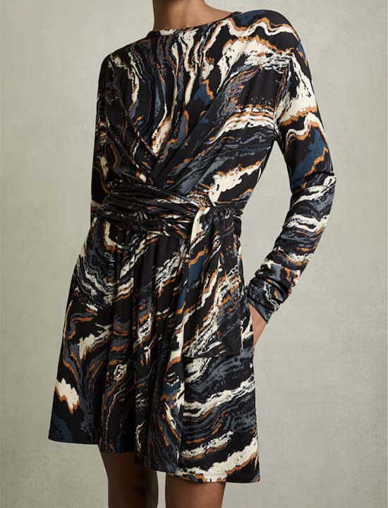 Reiss Jasmine Jersey Printed Tie-Waist Mini Dress in Black/Blue