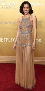 Jasmin Savoy Brown in beaded sheer Zuhair Murad gown red carpet actor awards 2026 fountainof30