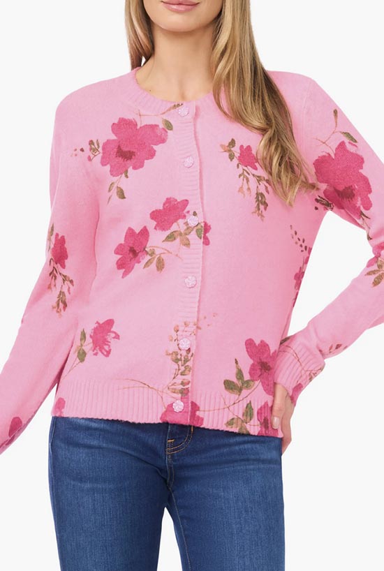 CeCe Blossom Print Crewneck Cardigan pink affordable find fountainof30