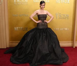 Sofia Carson in Elie Saab black pouf skirt gown 2026 actor awards fountainof30