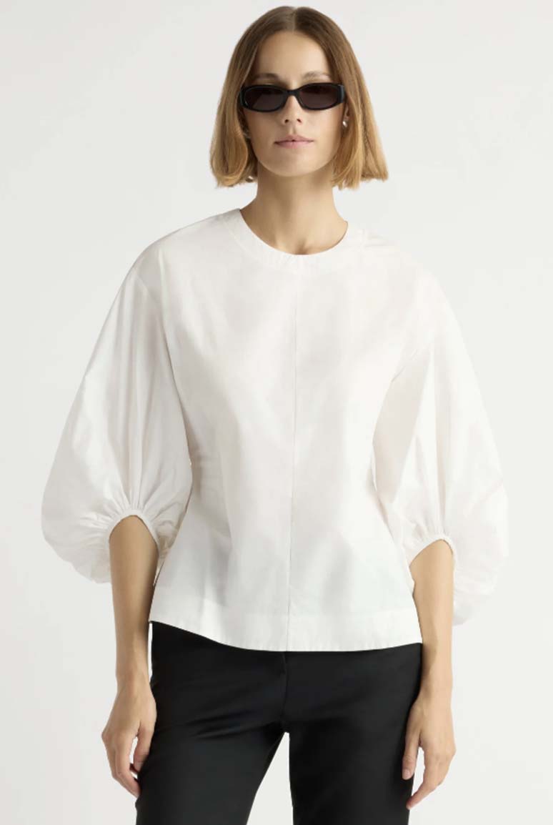 white Sculpted Balloon-Sleeve Blouse