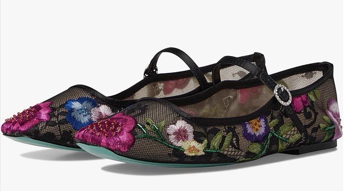 floral embroidered mary jane flats